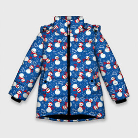 Зимняя куртка для девочек 3D с принтом Снеговики в Екатеринбурге, ткань верха — 100% полиэстер; подклад — 100% полиэстер, утеплитель — 100% полиэстер. | длина ниже бедра, удлиненная спинка, воротник стойка и отстегивающийся капюшон. Есть боковые карманы с листочкой на кнопках, утяжки по низу изделия и внутренний карман на молнии. 

Предусмотрены светоотражающий принт на спинке, радужный светоотражающий элемент на пуллере молнии и на резинке для утяжки. | 