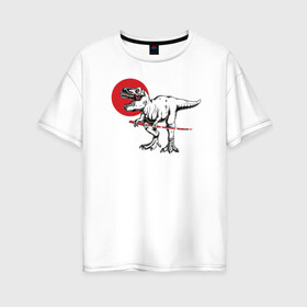 Женская футболка хлопок Oversize с принтом Динониндзя в Екатеринбурге, 100% хлопок | свободный крой, круглый ворот, спущенный рукав, длина до линии бедер
 | ninja | динозавр | катана | ниндзя | тираннозавр | япония