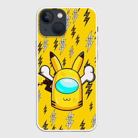 Чехол для iPhone 13 mini с принтом AMONG US PIKACHU в Екатеринбурге,  |  | Тематика изображения на принте: among us игра | among us на пк | there is 1 impostor | there is impostor among us | предатель среди нас | разноцветные космонавты.