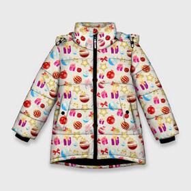 Зимняя куртка для девочек 3D с принтом Новогодняя Символика в Екатеринбурге, ткань верха — 100% полиэстер; подклад — 100% полиэстер, утеплитель — 100% полиэстер. | длина ниже бедра, удлиненная спинка, воротник стойка и отстегивающийся капюшон. Есть боковые карманы с листочкой на кнопках, утяжки по низу изделия и внутренний карман на молнии. 

Предусмотрены светоотражающий принт на спинке, радужный светоотражающий элемент на пуллере молнии и на резинке для утяжки. | christmas | merry christmas | дед мороз | ёлка | елочные шары | игрушки | новый год | подарок | праздник | рождество | с новым годом | санта клаус | снежинки | украшения