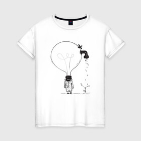 Женская футболка хлопок с принтом Absurd 4 в Екатеринбурге, 100% хлопок | прямой крой, круглый вырез горловины, длина до линии бедер, слегка спущенное плечо | абстрактный | вода | голова | идея | иллюстрация | лампочка | мысли | растение | рисунок | росток | человечек | черно белый
