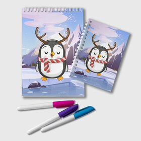 Блокнот с принтом Новогодний милый пингвин в Екатеринбурге, 100% бумага | 48 листов, плотность листов — 60 г/м2, плотность картонной обложки — 250 г/м2. Листы скреплены удобной пружинной спиралью. Цвет линий — светло-серый
 | 2021 | 7 января | bull | newyear | santa | бык | быки | бычок | год быка | дед мороз | корова | новогодние каникулы | новогодние праздники | новый 2021 | новый год | новый год 2021 | рождество | сани | санта | санта клаус