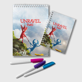 Блокнот с принтом Unravel Two (Z) в Екатеринбурге, 100% бумага | 48 листов, плотность листов — 60 г/м2, плотность картонной обложки — 250 г/м2. Листы скреплены удобной пружинной спиралью. Цвет линий — светло-серый
 | coldwood interactive | unravel | unravel two | головоломка | красная пряжа | распутать | семейная игра | ярни