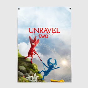 Постер с принтом Unravel Two (Z) в Екатеринбурге, 100% бумага
 | бумага, плотность 150 мг. Матовая, но за счет высокого коэффициента гладкости имеет небольшой блеск и дает на свету блики, но в отличии от глянцевой бумаги не покрыта лаком | coldwood interactive | unravel | unravel two | головоломка | красная пряжа | распутать | семейная игра | ярни