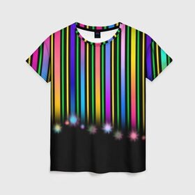 Женская футболка 3D с принтом Градиентный звездопад в Екатеринбурге, 100% полиэфир ( синтетическое хлопкоподобное полотно) | прямой крой, круглый вырез горловины, длина до линии бедер | градиент | звезда | ленты | полоски | праздник | радость | салют | фейерверк