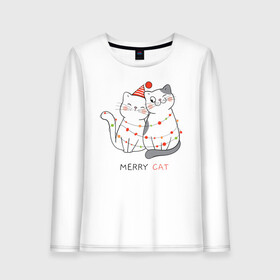 Женский лонгслив хлопок с принтом Merry Cat в Екатеринбурге, 100% хлопок |  | new year | арт | графика | дед мороз | зима | кошки | новый год | рождество | санта