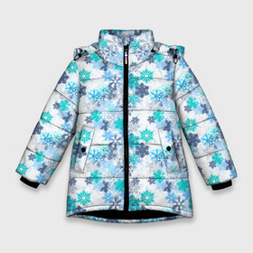Зимняя куртка для девочек 3D с принтом Снежинки в Екатеринбурге, ткань верха — 100% полиэстер; подклад — 100% полиэстер, утеплитель — 100% полиэстер. | длина ниже бедра, удлиненная спинка, воротник стойка и отстегивающийся капюшон. Есть боковые карманы с листочкой на кнопках, утяжки по низу изделия и внутренний карман на молнии. 

Предусмотрены светоотражающий принт на спинке, радужный светоотражающий элемент на пуллере молнии и на резинке для утяжки. | merry christmas | дед мороз | ёлка | зима | мороз | новый год | подарок | праздник | рождество | с новым годом | санта клаус | снег | снеговик | снегурочка | снежинки | снежные узоры | узоры