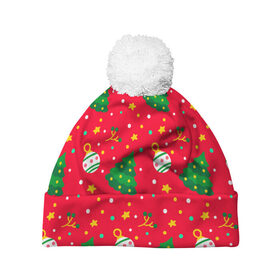 Шапка 3D c помпоном с принтом Ёлочки! в Екатеринбурге, 100% полиэстер | универсальный размер, печать по всей поверхности изделия | 2020 | 2021 | christmas | new year | бык | год быка | дед мороз | елка | зима | новый год | паттерн | подарки | подарок | праздник | рождество | с новым годом | санта | свитер | снег | снежинки