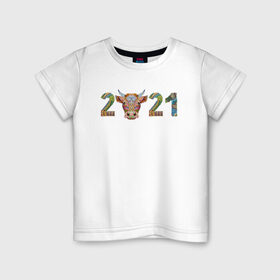 Детская футболка хлопок с принтом Год быка 2021 в Екатеринбурге, 100% хлопок | круглый вырез горловины, полуприлегающий силуэт, длина до линии бедер | 2021 | 7 января | bull | newyear | santa | бык | быки | бычок | год быка | дед мороз | корова | новогодние каникулы | новогодние праздники | новый 2021 | новый год | новый год 2021 | рождество | сани | санта | санта клаус