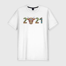 Мужская футболка хлопок Slim с принтом Год быка 2021 в Екатеринбурге, 92% хлопок, 8% лайкра | приталенный силуэт, круглый вырез ворота, длина до линии бедра, короткий рукав | Тематика изображения на принте: 2021 | 7 января | bull | newyear | santa | бык | быки | бычок | год быка | дед мороз | корова | новогодние каникулы | новогодние праздники | новый 2021 | новый год | новый год 2021 | рождество | сани | санта | санта клаус
