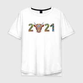 Мужская футболка хлопок Oversize с принтом Год быка 2021 в Екатеринбурге, 100% хлопок | свободный крой, круглый ворот, “спинка” длиннее передней части | Тематика изображения на принте: 2021 | 7 января | bull | newyear | santa | бык | быки | бычок | год быка | дед мороз | корова | новогодние каникулы | новогодние праздники | новый 2021 | новый год | новый год 2021 | рождество | сани | санта | санта клаус