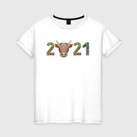 Женская футболка хлопок с принтом Год быка 2021 в Екатеринбурге, 100% хлопок | прямой крой, круглый вырез горловины, длина до линии бедер, слегка спущенное плечо | 2021 | 7 января | bull | newyear | santa | бык | быки | бычок | год быка | дед мороз | корова | новогодние каникулы | новогодние праздники | новый 2021 | новый год | новый год 2021 | рождество | сани | санта | санта клаус