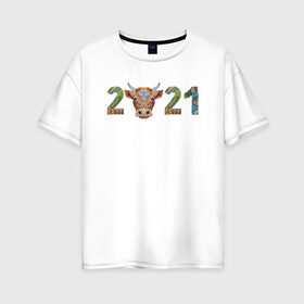 Женская футболка хлопок Oversize с принтом Год быка 2021 в Екатеринбурге, 100% хлопок | свободный крой, круглый ворот, спущенный рукав, длина до линии бедер
 | 2021 | 7 января | bull | newyear | santa | бык | быки | бычок | год быка | дед мороз | корова | новогодние каникулы | новогодние праздники | новый 2021 | новый год | новый год 2021 | рождество | сани | санта | санта клаус