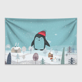 Флаг-баннер с принтом Милый пингвин в Екатеринбурге, 100% полиэстер | размер 67 х 109 см, плотность ткани — 95 г/м2; по краям флага есть четыре люверса для крепления | 2021 | 7 января | bull | newyear | santa | бык | быки | бычок | год быка | дед мороз | корова | новогодние каникулы | новогодние праздники | новый 2021 | новый год | новый год 2021 | рождество | сани | санта | санта клаус