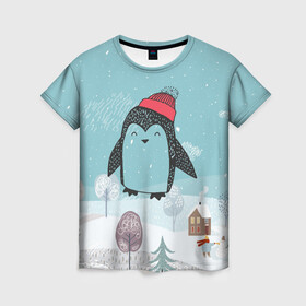 Женская футболка 3D с принтом Милый пингвин в Екатеринбурге, 100% полиэфир ( синтетическое хлопкоподобное полотно) | прямой крой, круглый вырез горловины, длина до линии бедер | Тематика изображения на принте: 2021 | 7 января | bull | newyear | santa | бык | быки | бычок | год быка | дед мороз | корова | новогодние каникулы | новогодние праздники | новый 2021 | новый год | новый год 2021 | рождество | сани | санта | санта клаус