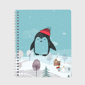 Тетрадь с принтом Милый пингвин в Екатеринбурге, 100% бумага | 48 листов, плотность листов — 60 г/м2, плотность картонной обложки — 250 г/м2. Листы скреплены сбоку удобной пружинной спиралью. Уголки страниц и обложки скругленные. Цвет линий — светло-серый
 | Тематика изображения на принте: 2021 | 7 января | bull | newyear | santa | бык | быки | бычок | год быка | дед мороз | корова | новогодние каникулы | новогодние праздники | новый 2021 | новый год | новый год 2021 | рождество | сани | санта | санта клаус