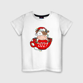 Детская футболка хлопок с принтом Милый бычок 2021 в Екатеринбурге, 100% хлопок | круглый вырез горловины, полуприлегающий силуэт, длина до линии бедер | 2021 | 7 января | bull | newyear | santa | бык | быки | бычок | год быка | дед мороз | корова | новогодние каникулы | новогодние праздники | новый 2021 | новый год | новый год 2021 | рождество | сани | санта | санта клаус