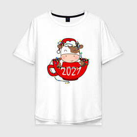 Мужская футболка хлопок Oversize с принтом Милый бычок 2021 в Екатеринбурге, 100% хлопок | свободный крой, круглый ворот, “спинка” длиннее передней части | Тематика изображения на принте: 2021 | 7 января | bull | newyear | santa | бык | быки | бычок | год быка | дед мороз | корова | новогодние каникулы | новогодние праздники | новый 2021 | новый год | новый год 2021 | рождество | сани | санта | санта клаус