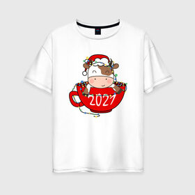 Женская футболка хлопок Oversize с принтом Милый бычок 2021 в Екатеринбурге, 100% хлопок | свободный крой, круглый ворот, спущенный рукав, длина до линии бедер
 | 2021 | 7 января | bull | newyear | santa | бык | быки | бычок | год быка | дед мороз | корова | новогодние каникулы | новогодние праздники | новый 2021 | новый год | новый год 2021 | рождество | сани | санта | санта клаус