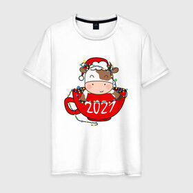 Мужская футболка хлопок с принтом Милый бычок 2021 в Екатеринбурге, 100% хлопок | прямой крой, круглый вырез горловины, длина до линии бедер, слегка спущенное плечо. | Тематика изображения на принте: 2021 | 7 января | bull | newyear | santa | бык | быки | бычок | год быка | дед мороз | корова | новогодние каникулы | новогодние праздники | новый 2021 | новый год | новый год 2021 | рождество | сани | санта | санта клаус