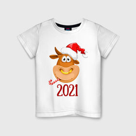 Детская футболка хлопок с принтом Веселый бык 2021 в Екатеринбурге, 100% хлопок | круглый вырез горловины, полуприлегающий силуэт, длина до линии бедер | Тематика изображения на принте: 2021 | 7 января | bull | newyear | santa | бык | быки | бычок | год быка | дед мороз | корова | новогодние каникулы | новогодние праздники | новый 2021 | новый год | новый год 2021 | рождество | сани | санта | санта клаус
