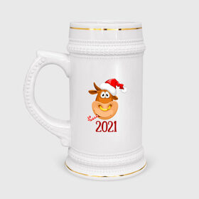 Кружка пивная с принтом Веселый бык 2021 в Екатеринбурге,  керамика (Материал выдерживает высокую температуру, стоит избегать резкого перепада температур) |  объем 630 мл | 2021 | 7 января | bull | newyear | santa | бык | быки | бычок | год быка | дед мороз | корова | новогодние каникулы | новогодние праздники | новый 2021 | новый год | новый год 2021 | рождество | сани | санта | санта клаус