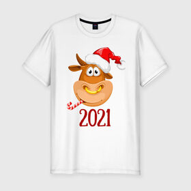Мужская футболка хлопок Slim с принтом Веселый бык 2021 в Екатеринбурге, 92% хлопок, 8% лайкра | приталенный силуэт, круглый вырез ворота, длина до линии бедра, короткий рукав | Тематика изображения на принте: 2021 | 7 января | bull | newyear | santa | бык | быки | бычок | год быка | дед мороз | корова | новогодние каникулы | новогодние праздники | новый 2021 | новый год | новый год 2021 | рождество | сани | санта | санта клаус