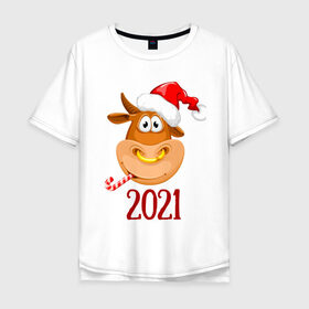 Мужская футболка хлопок Oversize с принтом Веселый бык 2021 в Екатеринбурге, 100% хлопок | свободный крой, круглый ворот, “спинка” длиннее передней части | 2021 | 7 января | bull | newyear | santa | бык | быки | бычок | год быка | дед мороз | корова | новогодние каникулы | новогодние праздники | новый 2021 | новый год | новый год 2021 | рождество | сани | санта | санта клаус