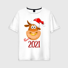 Женская футболка хлопок Oversize с принтом Веселый бык 2021 в Екатеринбурге, 100% хлопок | свободный крой, круглый ворот, спущенный рукав, длина до линии бедер
 | 2021 | 7 января | bull | newyear | santa | бык | быки | бычок | год быка | дед мороз | корова | новогодние каникулы | новогодние праздники | новый 2021 | новый год | новый год 2021 | рождество | сани | санта | санта клаус