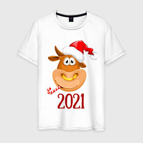 Мужская футболка хлопок с принтом Веселый бык 2021 в Екатеринбурге, 100% хлопок | прямой крой, круглый вырез горловины, длина до линии бедер, слегка спущенное плечо. | Тематика изображения на принте: 2021 | 7 января | bull | newyear | santa | бык | быки | бычок | год быка | дед мороз | корова | новогодние каникулы | новогодние праздники | новый 2021 | новый год | новый год 2021 | рождество | сани | санта | санта клаус
