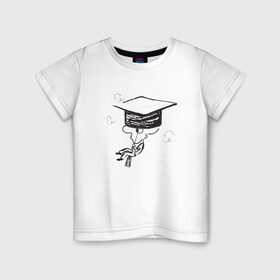 Детская футболка хлопок с принтом Absurd 7 в Екатеринбурге, 100% хлопок | круглый вырез горловины, полуприлегающий силуэт, длина до линии бедер | Тематика изображения на принте: выпускник | графика | иллюстрация | кисточка | облака | полет | рисунок | треуголка | ученик | человечек | черно белый