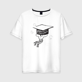 Женская футболка хлопок Oversize с принтом Absurd 7 в Екатеринбурге, 100% хлопок | свободный крой, круглый ворот, спущенный рукав, длина до линии бедер
 | выпускник | графика | иллюстрация | кисточка | облака | полет | рисунок | треуголка | ученик | человечек | черно белый