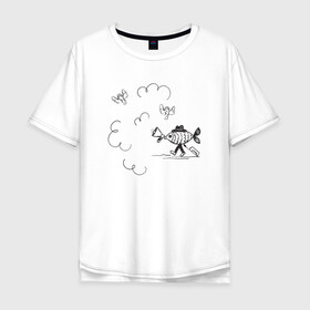 Мужская футболка хлопок Oversize с принтом Absurd 8 в Екатеринбурге, 100% хлопок | свободный крой, круглый ворот, “спинка” длиннее передней части | Тематика изображения на принте: графика | звук | иллюстрация | облака | рисунок | рупор | рыба | ушки | черно белый | шляпа | юмор