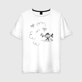 Женская футболка хлопок Oversize с принтом Absurd 8 в Екатеринбурге, 100% хлопок | свободный крой, круглый ворот, спущенный рукав, длина до линии бедер
 | графика | звук | иллюстрация | облака | рисунок | рупор | рыба | ушки | черно белый | шляпа | юмор