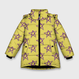 Зимняя куртка для девочек 3D с принтом Stars в Екатеринбурге, ткань верха — 100% полиэстер; подклад — 100% полиэстер, утеплитель — 100% полиэстер. | длина ниже бедра, удлиненная спинка, воротник стойка и отстегивающийся капюшон. Есть боковые карманы с листочкой на кнопках, утяжки по низу изделия и внутренний карман на молнии. 

Предусмотрены светоотражающий принт на спинке, радужный светоотражающий элемент на пуллере молнии и на резинке для утяжки. | stars | yellow | жёлтый | звёзды | фиолетовый
