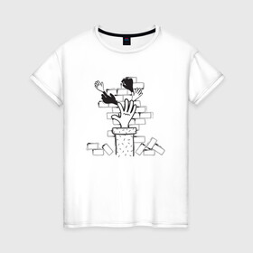 Женская футболка хлопок с принтом Absurd 10 в Екатеринбурге, 100% хлопок | прямой крой, круглый вырез горловины, длина до линии бедер, слегка спущенное плечо | графика | иллюстрация | кирпичи | кладка | кубики | рисунок | рука | стена | строитель | стройка | черно белый