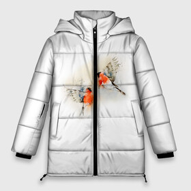 Женская зимняя куртка 3D с принтом Снегири в Екатеринбурге, верх — 100% полиэстер; подкладка — 100% полиэстер; утеплитель — 100% полиэстер | длина ниже бедра, силуэт Оверсайз. Есть воротник-стойка, отстегивающийся капюшон и ветрозащитная планка. 

Боковые карманы с листочкой на кнопках и внутренний карман на молнии | Тематика изображения на принте: животные | зима | новый год | птицы | снег | снегири