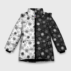 Зимняя куртка для девочек 3D с принтом Чёрно-Белые Снежинки в Екатеринбурге, ткань верха — 100% полиэстер; подклад — 100% полиэстер, утеплитель — 100% полиэстер. | длина ниже бедра, удлиненная спинка, воротник стойка и отстегивающийся капюшон. Есть боковые карманы с листочкой на кнопках, утяжки по низу изделия и внутренний карман на молнии. 

Предусмотрены светоотражающий принт на спинке, радужный светоотражающий элемент на пуллере молнии и на резинке для утяжки. | merry christmas | дед мороз | ёлка | зима | мороз | новый год | подарок | праздник | рождество | с новым годом | санта клаус | снег | снеговик | снегурочка | снежинки | снежные узоры | узоры