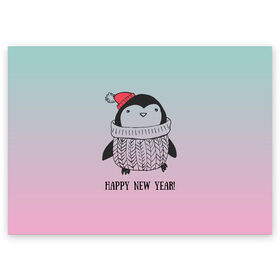Поздравительная открытка с принтом Милый пингвин в Екатеринбурге, 100% бумага | плотность бумаги 280 г/м2, матовая, на обратной стороне линовка и место для марки
 | 2021 | 7 января | bull | newyear | santa | бык | быки | бычок | год быка | дед мороз | корова | новогодние каникулы | новогодние праздники | новый 2021 | новый год | новый год 2021 | рождество | сани | санта | санта клаус