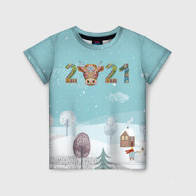 Детская футболка 3D с принтом Год быка 2021 в Екатеринбурге, 100% гипоаллергенный полиэфир | прямой крой, круглый вырез горловины, длина до линии бедер, чуть спущенное плечо, ткань немного тянется | 2021 | 7 января | bull | newyear | santa | бык | быки | бычок | год быка | дед мороз | корова | новогодние каникулы | новогодние праздники | новый 2021 | новый год | новый год 2021 | рождество | сани | санта | санта клаус