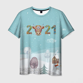 Мужская футболка 3D с принтом Год быка 2021 в Екатеринбурге, 100% полиэфир | прямой крой, круглый вырез горловины, длина до линии бедер | Тематика изображения на принте: 2021 | 7 января | bull | newyear | santa | бык | быки | бычок | год быка | дед мороз | корова | новогодние каникулы | новогодние праздники | новый 2021 | новый год | новый год 2021 | рождество | сани | санта | санта клаус