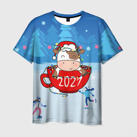 Мужская футболка 3D с принтом бык в кружке 2021 в Екатеринбурге, 100% полиэфир | прямой крой, круглый вырез горловины, длина до линии бедер | Тематика изображения на принте: 2021 | 7 января | bull | newyear | santa | бык | быки | бычок | год быка | дед мороз | корова | новогодние каникулы | новогодние праздники | новый 2021 | новый год | новый год 2021 | рождество | сани | санта | санта клаус