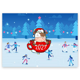 Поздравительная открытка с принтом бык в кружке 2021 в Екатеринбурге, 100% бумага | плотность бумаги 280 г/м2, матовая, на обратной стороне линовка и место для марки
 | 2021 | 7 января | bull | newyear | santa | бык | быки | бычок | год быка | дед мороз | корова | новогодние каникулы | новогодние праздники | новый 2021 | новый год | новый год 2021 | рождество | сани | санта | санта клаус