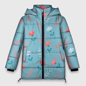 Женская зимняя куртка 3D с принтом Цветочки и листики на голубом в Екатеринбурге, верх — 100% полиэстер; подкладка — 100% полиэстер; утеплитель — 100% полиэстер | длина ниже бедра, силуэт Оверсайз. Есть воротник-стойка, отстегивающийся капюшон и ветрозащитная планка. 

Боковые карманы с листочкой на кнопках и внутренний карман на молнии | 8 марта | весна | день рождения | коралловый | лето | листики | паттерн | праздник | узор | цветочки
