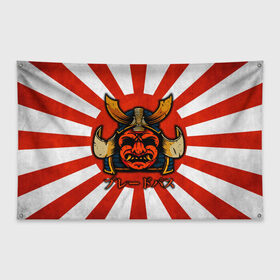 Флаг-баннер с принтом Sun samurai в Екатеринбурге, 100% полиэстер | размер 67 х 109 см, плотность ткани — 95 г/м2; по краям флага есть четыре люверса для крепления | demon | japan | mask | samurai | sun | демон | иероглиф | маска | ниндзя | самурай | солнце | япония | японское солнце