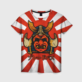Женская футболка 3D с принтом Sun samurai в Екатеринбурге, 100% полиэфир ( синтетическое хлопкоподобное полотно) | прямой крой, круглый вырез горловины, длина до линии бедер | demon | japan | mask | samurai | sun | демон | иероглиф | маска | ниндзя | самурай | солнце | япония | японское солнце