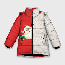 Зимняя куртка для девочек 3D с принтом Селфи Деда Мороза в Екатеринбурге, ткань верха — 100% полиэстер; подклад — 100% полиэстер, утеплитель — 100% полиэстер. | длина ниже бедра, удлиненная спинка, воротник стойка и отстегивающийся капюшон. Есть боковые карманы с листочкой на кнопках, утяжки по низу изделия и внутренний карман на молнии. 

Предусмотрены светоотражающий принт на спинке, радужный светоотражающий элемент на пуллере молнии и на резинке для утяжки. | Тематика изображения на принте: christmas | merry christmas | дед мороз | ёлка | зима | мороз | новый год | подарок | праздник | рождество | с новым годом | санта клаус | селфи | снегурочка | снежинки