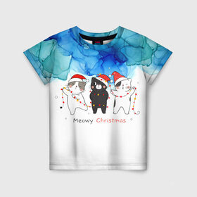 Детская футболка 3D с принтом Meowy christmas в Екатеринбурге, 100% гипоаллергенный полиэфир | прямой крой, круглый вырез горловины, длина до линии бедер, чуть спущенное плечо, ткань немного тянется | new year | арт | графика | дед мороз | зима | новый год | рождество | санта