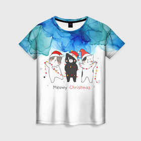 Женская футболка 3D с принтом Meowy christmas в Екатеринбурге, 100% полиэфир ( синтетическое хлопкоподобное полотно) | прямой крой, круглый вырез горловины, длина до линии бедер | new year | арт | графика | дед мороз | зима | новый год | рождество | санта