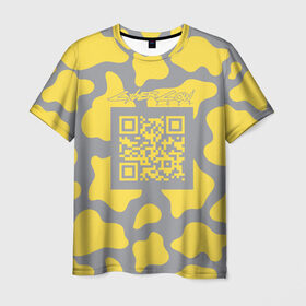 Мужская футболка 3D с принтом CyberCow 2021 в Екатеринбурге, 100% полиэфир | прямой крой, круглый вырез горловины, длина до линии бедер | Тематика изображения на принте: cyberpunk | cyberrussia | illuminating | pantone | qr code | ultimate grey | безупречный | бык | желтый | киберкорова | корова | новый год | освещающий | пятна | серый
